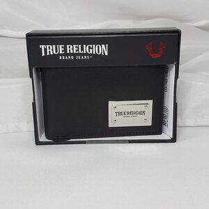 True Religion Mens Black Leather Wallet Bifold RFID Protection & Gift Box